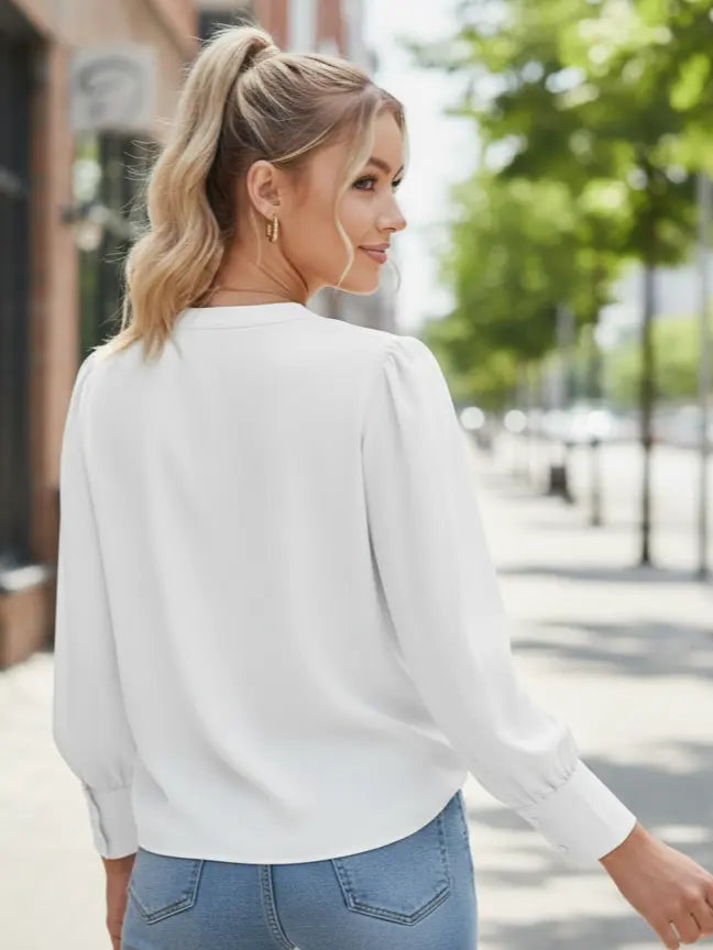 Chiffon V-Neck Button-Down Shirt - Long Sleeve Business Casual Blouse (White) - The Gildress