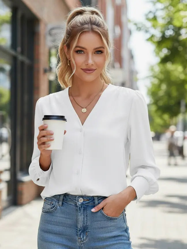 Chiffon V-Neck Button-Down Shirt - Long Sleeve Business Casual Blouse (White) - The Gildress