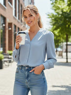 Chiffon V-Neck Button-Down Shirt - Long Sleeve Business Casual Blouse (Blue) - The Gildress