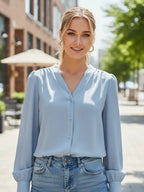 Chiffon V-Neck Button-Down Shirt - Long Sleeve Business Casual Blouse (Blue) - The Gildress