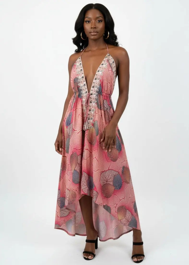 Front view of the Casablanca Halter neck maxi dress in pink