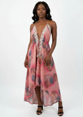 Front view of the Casablanca Halter neck maxi dress in pink
