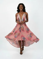 Back detail of the halter neck maxi dress tie.