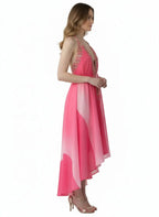 Side profile of the V neck high low dress