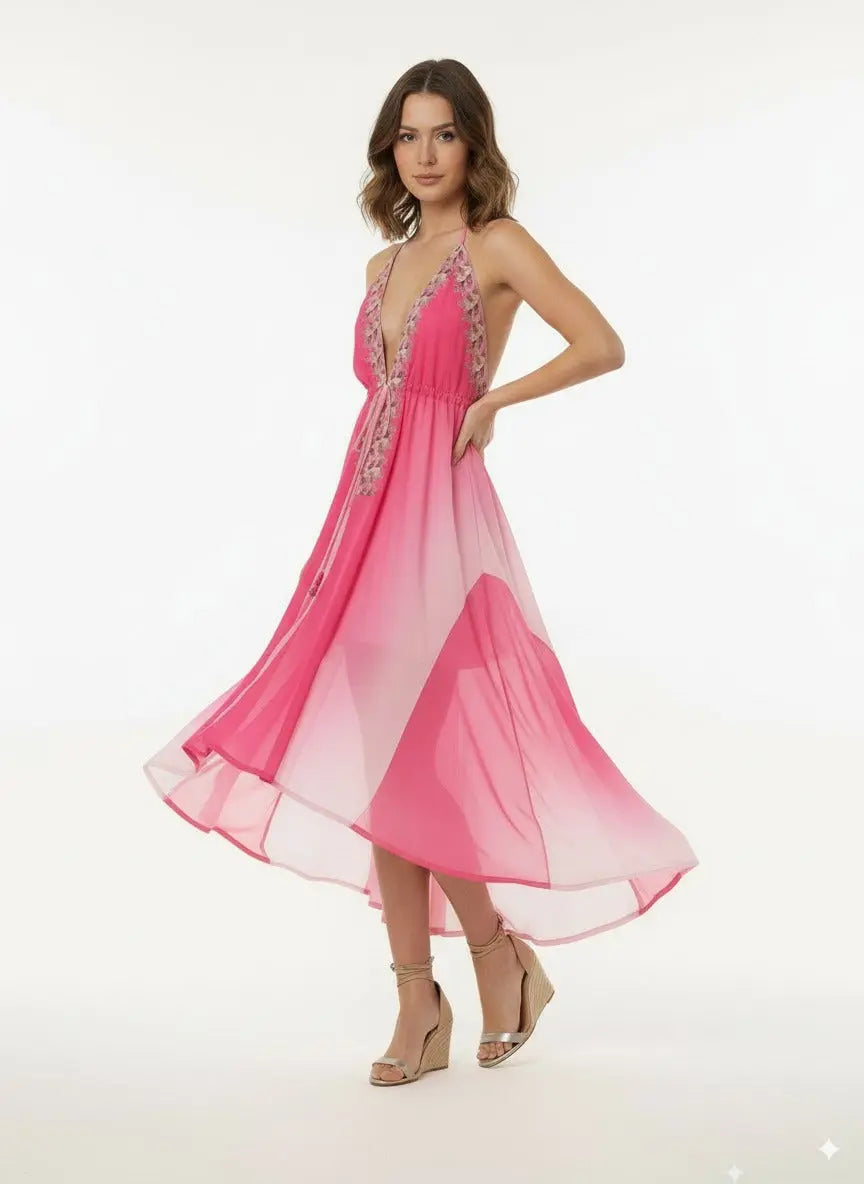 This halter neck long dress is more than just a garment