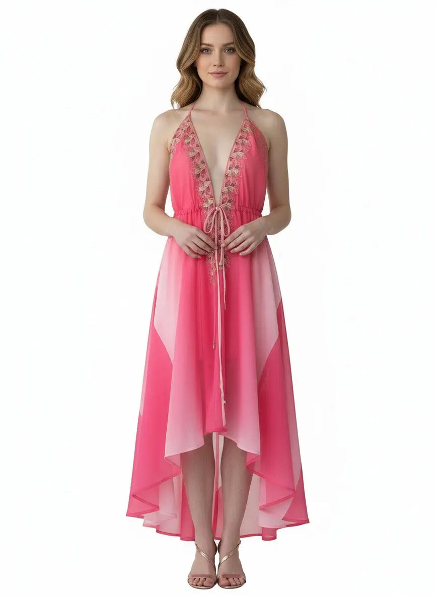 floral embroidery on the plunging neckline of a halter neck maxi dress