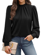 Shop the latest in Fall 2026 fashion with our Mock Neck Pleated Front Blouse. A perfect blend of dressy and casual, this long sleeve top is ideal for office wear, teacher outfits, and weekend styles. Lightweight, stretchy, and ultra-flattering. Order now!