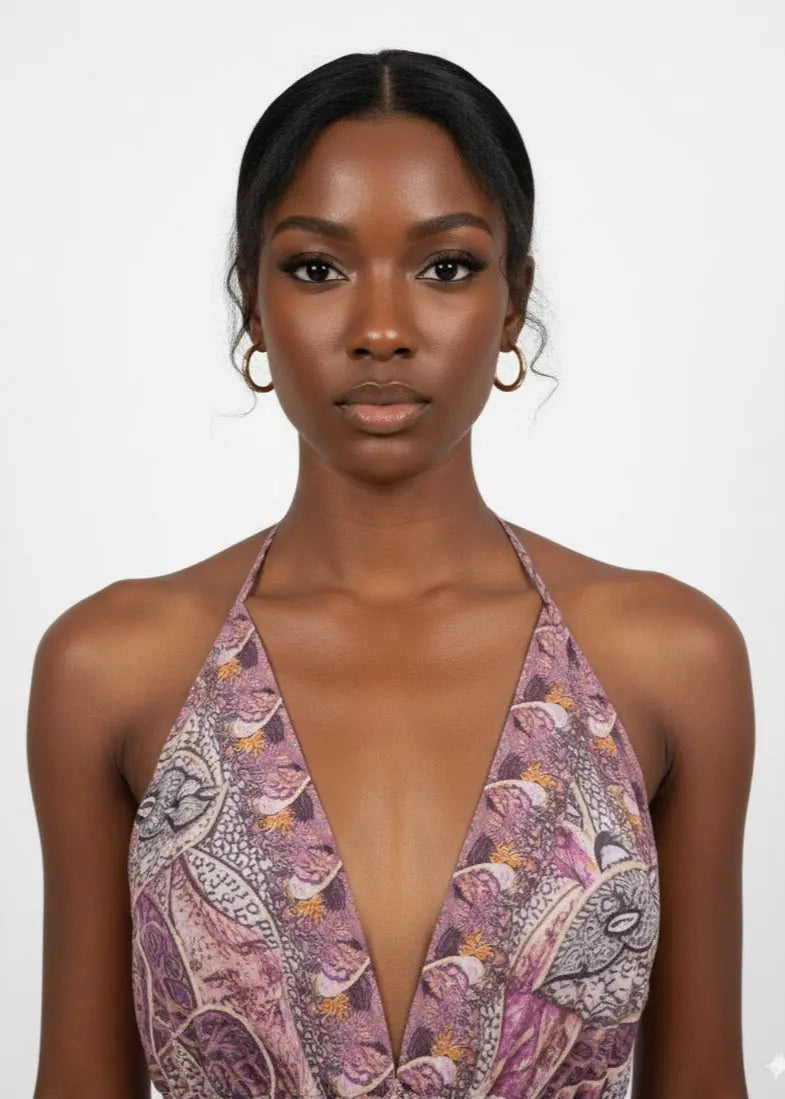 Close-up of the adjustable straps on the Seraphina halter neck long dress.