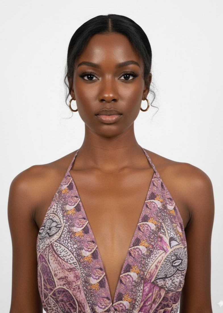 Woman wearing a patterned dress with a plunging neckline on a white background