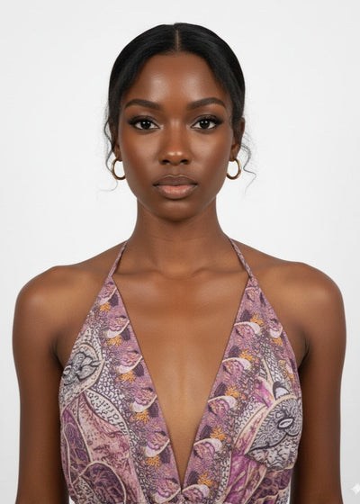 Woman wearing a patterned dress with a plunging neckline on a white background