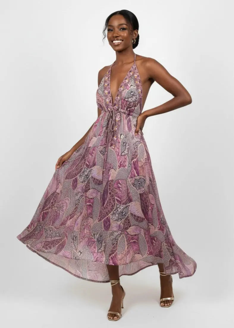 Seraphina halter neck maxi dress in plum and rose floral print