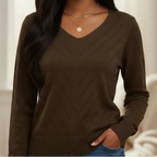 Front view of the brown V-neck sweater in natural light. Model wearing brown lightweight cardigan sweaters with V-neck design.