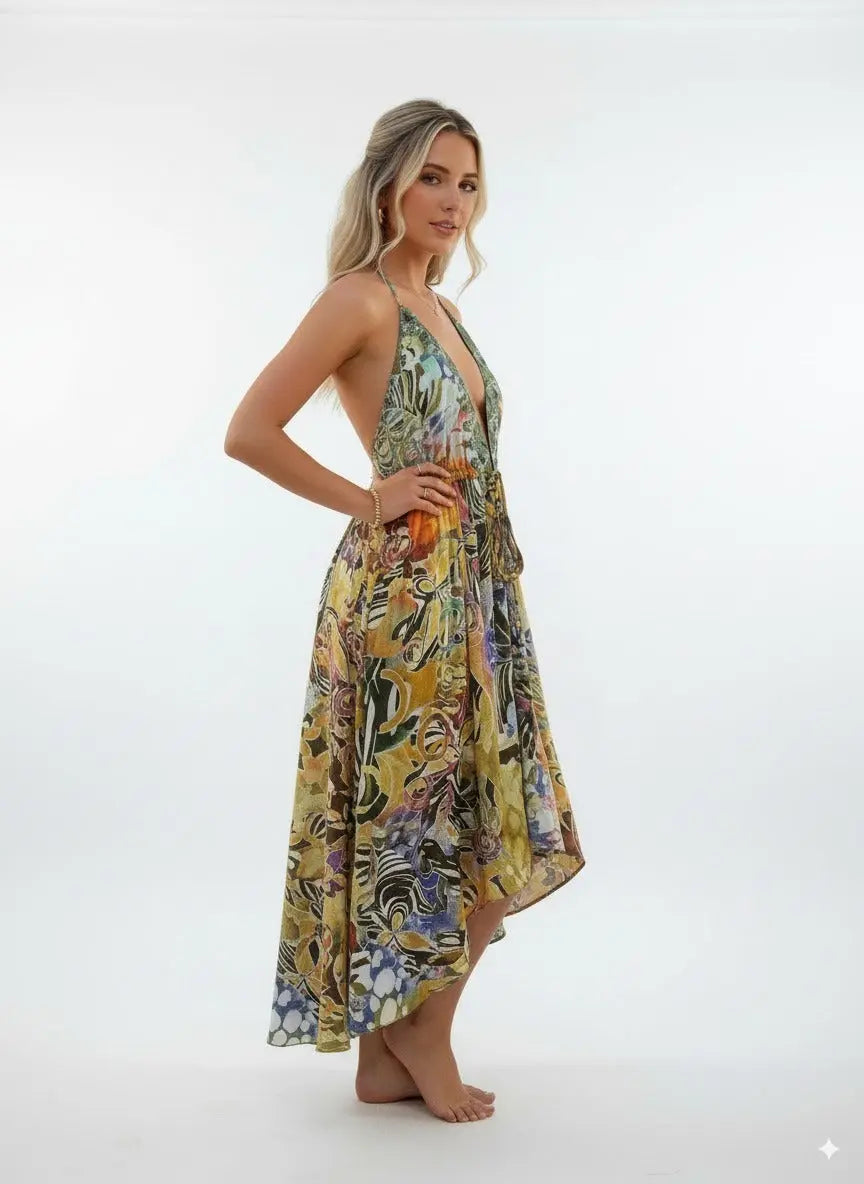 Back view of the halter neck long dress with drawstring waist detail