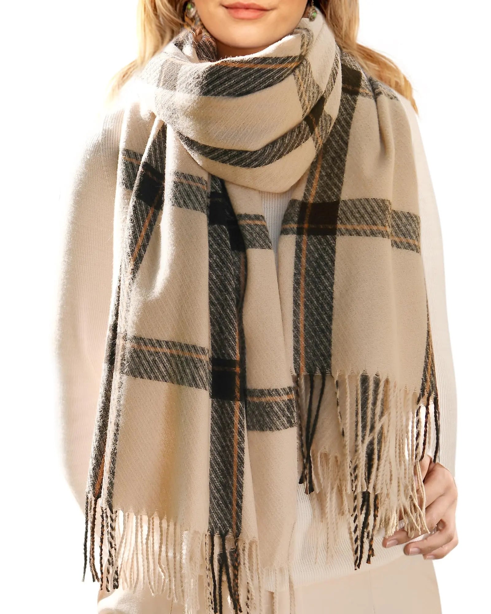Winter Scarf for Women – Soft Plaid Blanket Shawl with Tassels (Black) - The Gildress