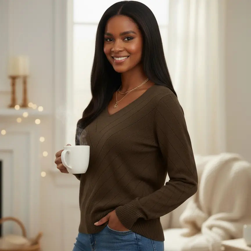 Back view of the sweater on a hanger. Back view of a lightweight jumper in brown knit fabric