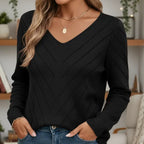 Front view of the black V-neck sweater in natural light. Model wearing black lightweight cardigan sweaters with V-neck design