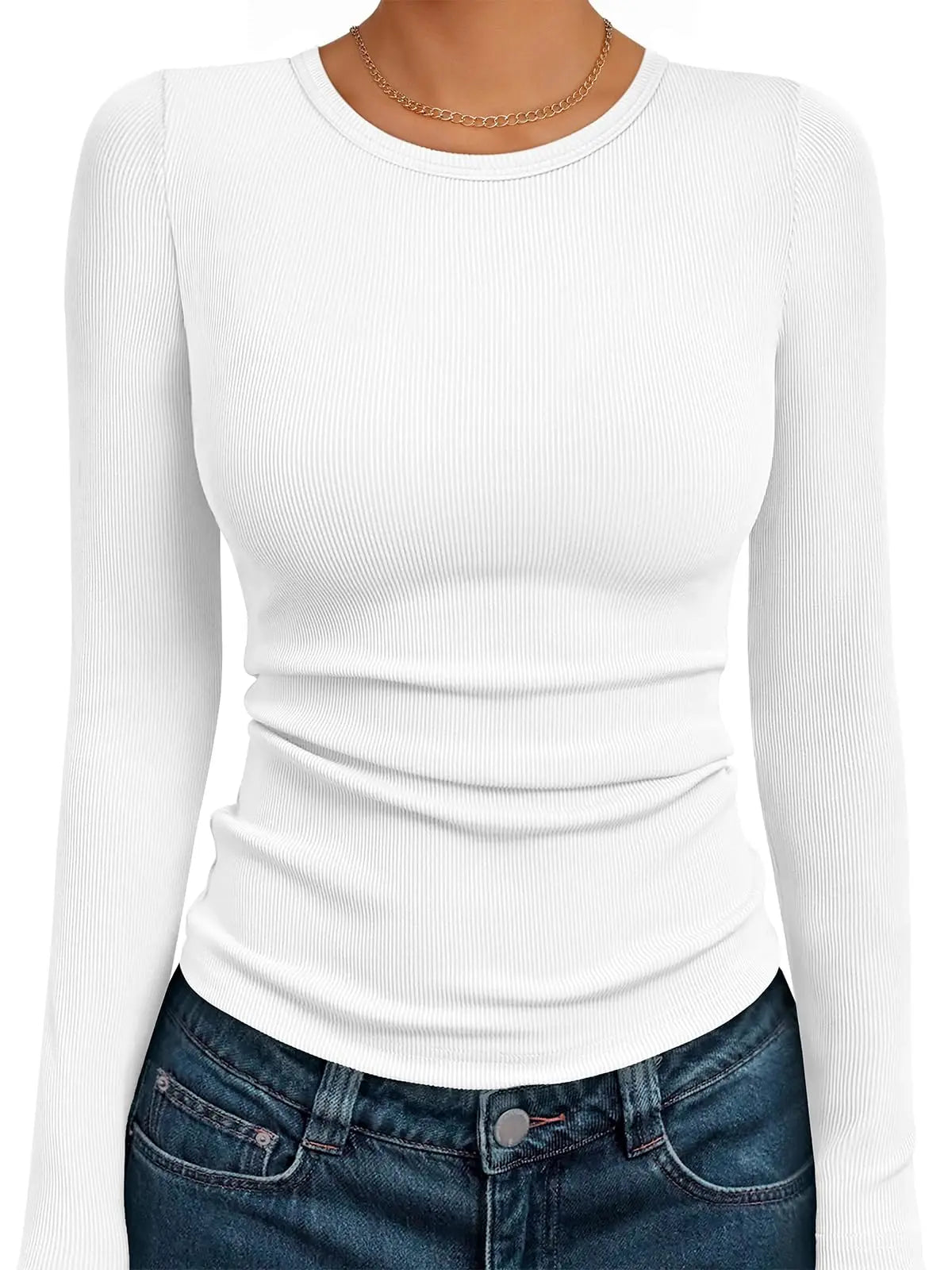Long Sleeve Crewneck Top - Soft Stretch Basic for Women | Work & Casual Layering Essential (White) - The Gildress