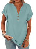 Basic Crop Tops – V Neck Henley Top with Buttons (Cadet Blue) The Gildress