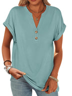 Basic Crop Tops – V Neck Henley Top with Buttons (Cadet Blue) The Gildress