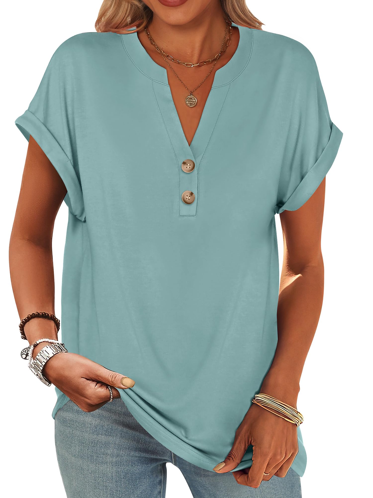Basic Crop Tops – V Neck Henley Top with Buttons (Cadet Blue) The Gildress