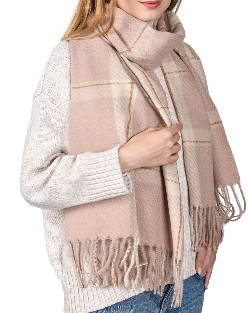 Winter Scarf for Women – Soft Plaid Blanket Shawl with Tassels (Pink) - The Gildress