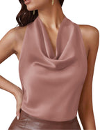 Halter Crop Top – Silk Satin Cowl Neck Blouse (Pink) The Gildress