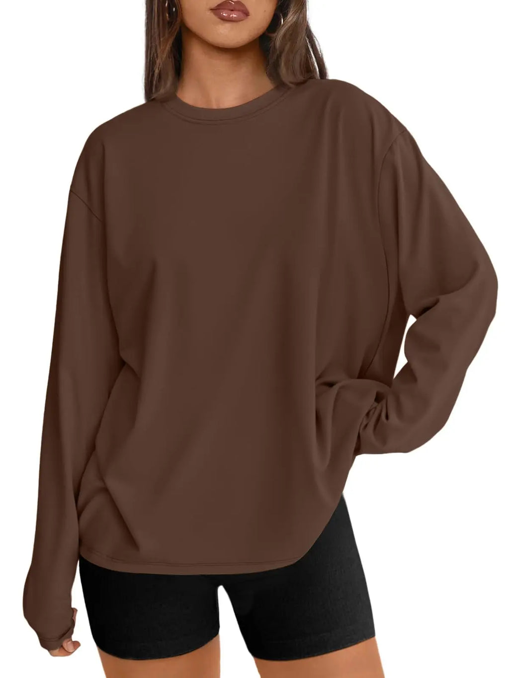 Oversized Long Sleeve T-Shirt for Women - 2026 Casual Crewneck Tee | Y2K Aesthetic Baggy Top (Brown) - The Gildress
