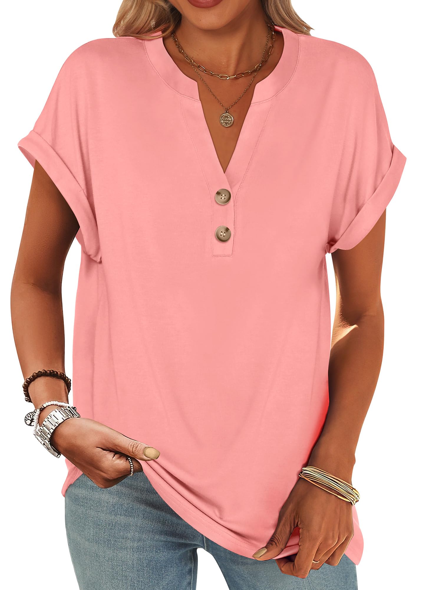 Basic Crop Tops – V Neck Henley Top with Buttons (Pink) The Gildress