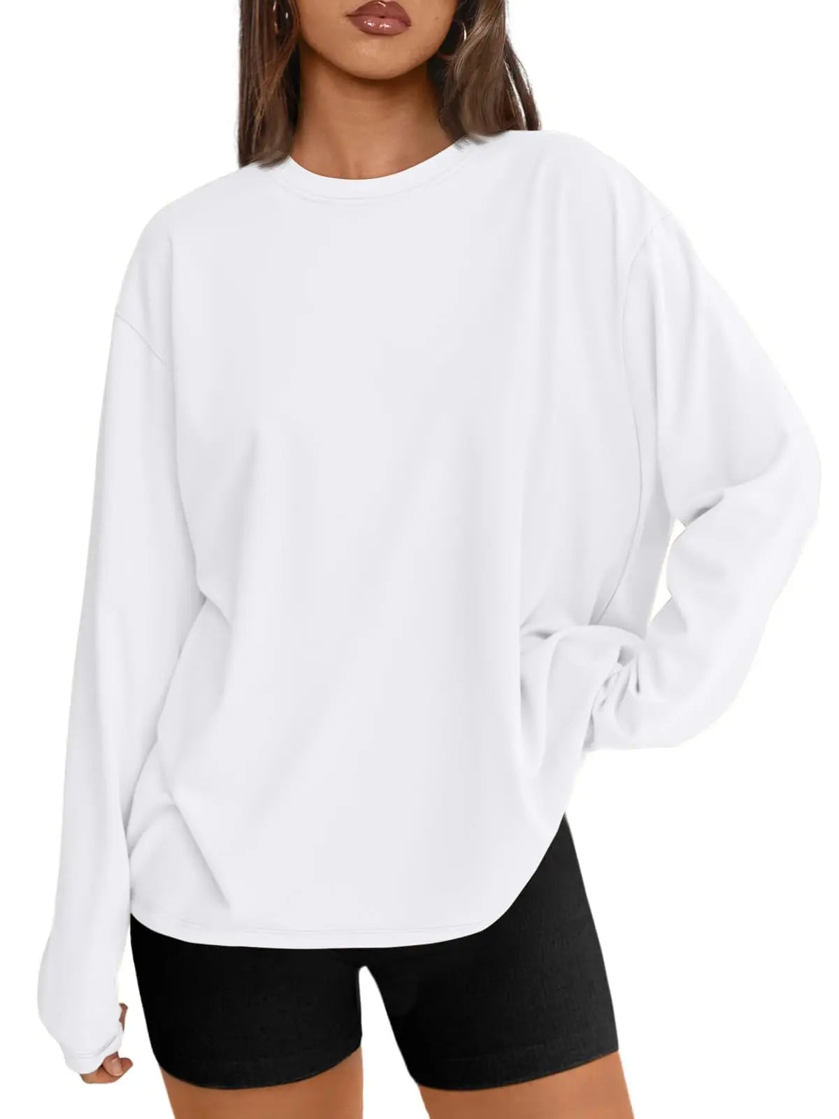 Oversized Long Sleeve T-Shirt for Women - 2026 Casual Crewneck Tee | Y2K Aesthetic Baggy Top (White) - The Gildress