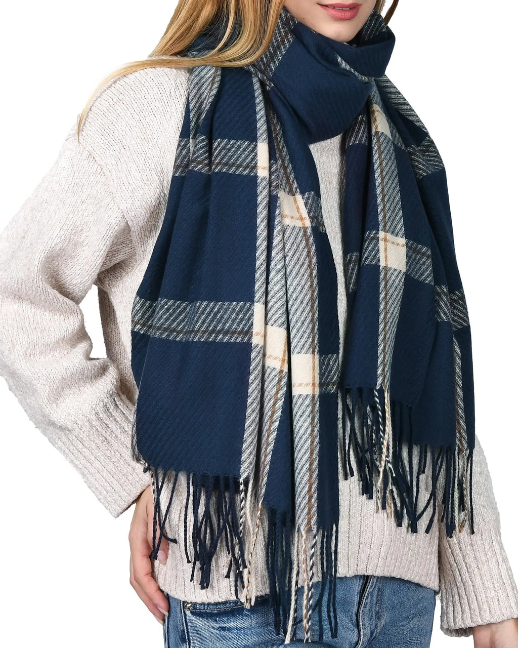 Winter Scarf for Women – Soft Plaid Blanket Shawl with Tassels (Beige) - The Gildress