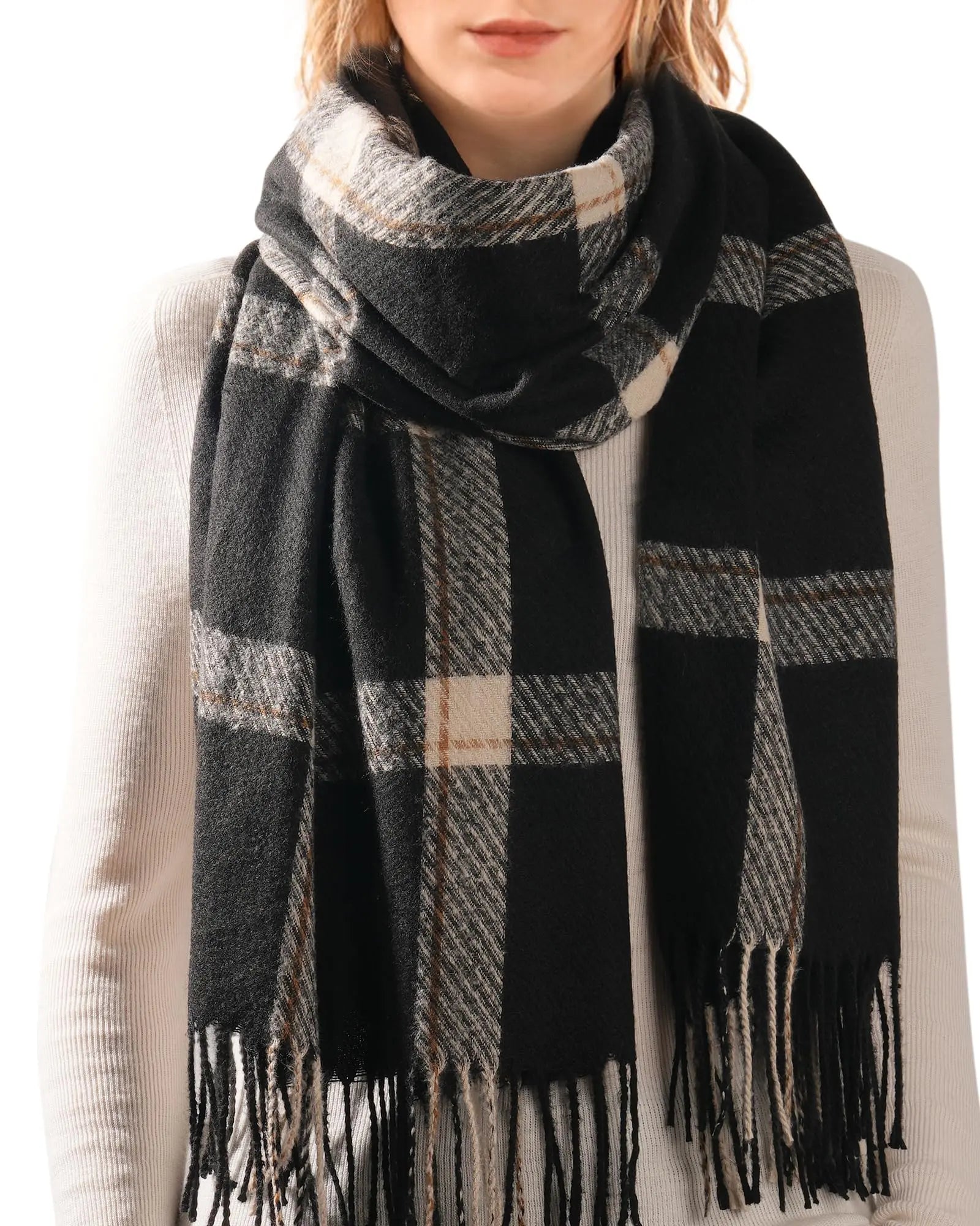 Winter Scarf for Women – Soft Plaid Blanket Shawl with Tassels (Beige) - The Gildress