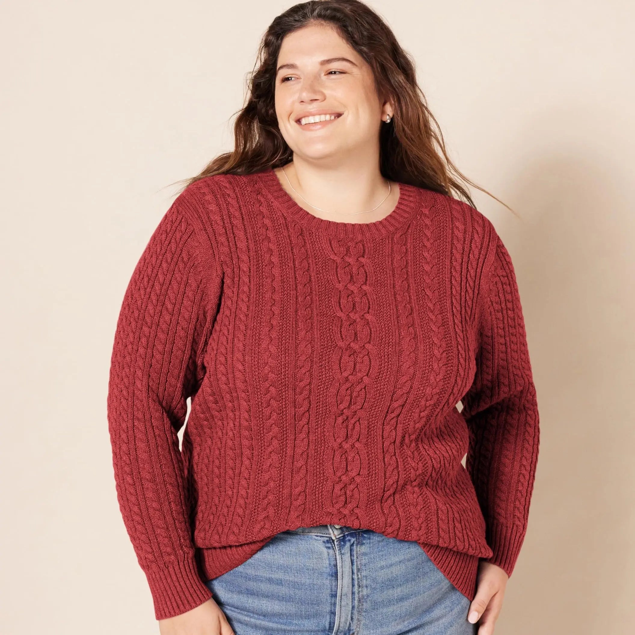 100% Cotton Fisherman Cable Crewneck Sweater –  Classic Knit Pullover (Dark Red) - The Gildress