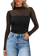 Sheer Top – Ruched Black Mesh Long Sleeve Top (Black) The Gildress