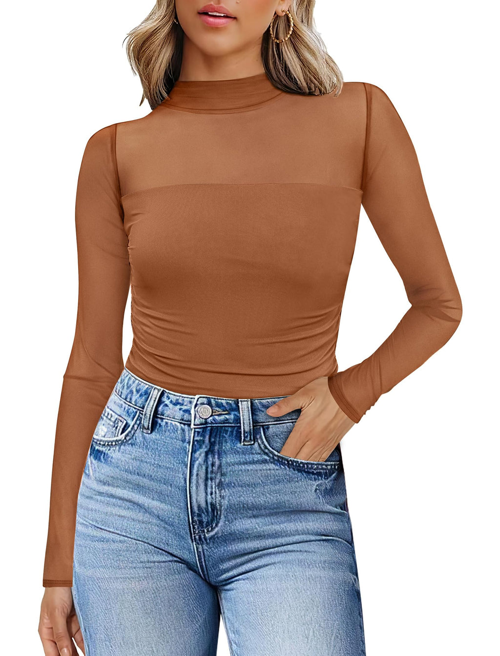 Sheer Top – Ruched Black Mesh Long Sleeve Top (Brown) The Gildress