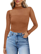 Sheer Top – Ruched Black Mesh Long Sleeve Top (Brown) The Gildress