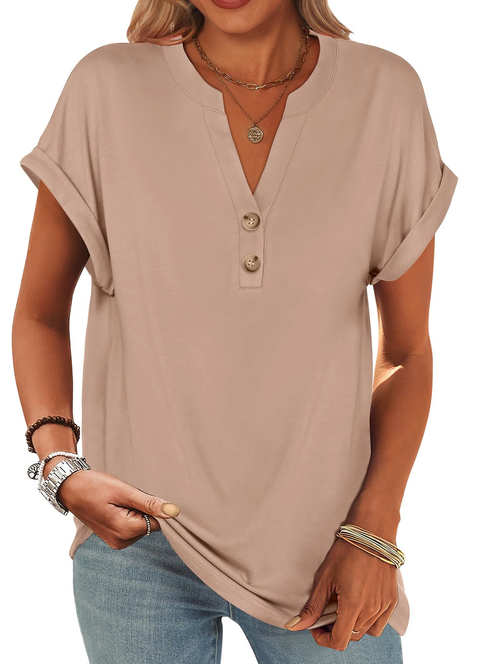 Basic Crop Tops – V Neck Henley Top with Buttons (Khaki) The Gildress