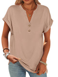 Basic Crop Tops – V Neck Henley Top with Buttons (Khaki) The Gildress