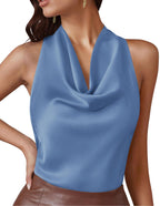 Halter Crop Top – Silk Satin Cowl Neck Blouse (Blue) The Gildress