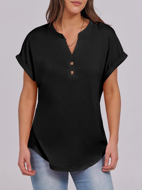Basic Crop Tops – V Neck Henley Top with Buttons (Black) The Gildress