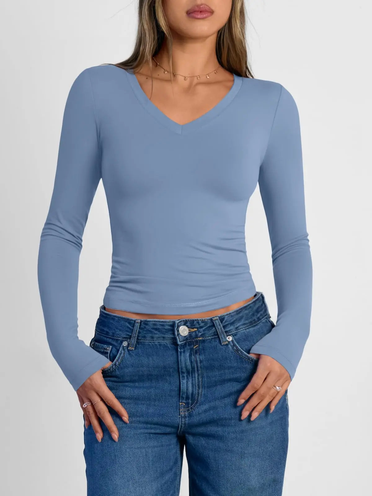 Slim Fit V-Neck Crop Top | Fashion & Workout Basic - V-Neck Long Sleeve Top for Women (Blue) - The Gildress