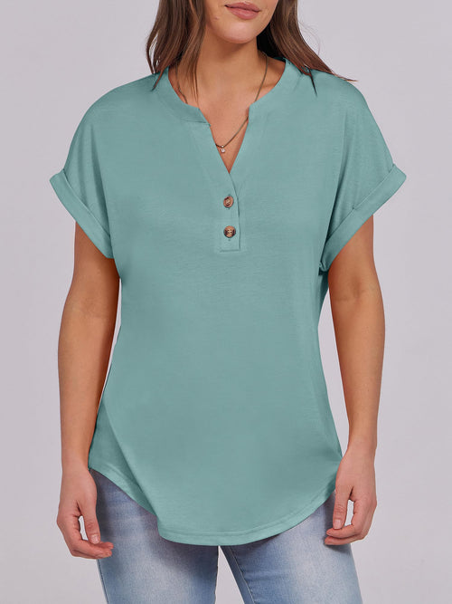 Basic Crop Tops – V Neck Henley Top with Buttons (Cadet Blue) The Gildress