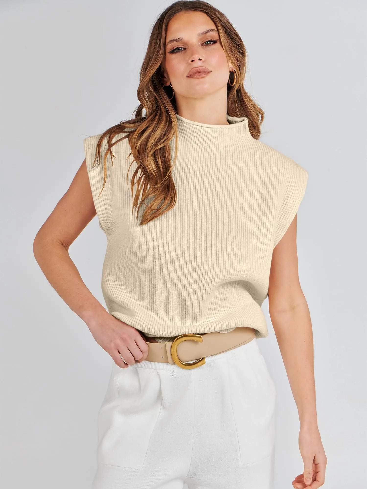 Sleeveless Sweater Vest – Soft Knit Cap Sleeve Pullover Top (Beige) - The Gildress