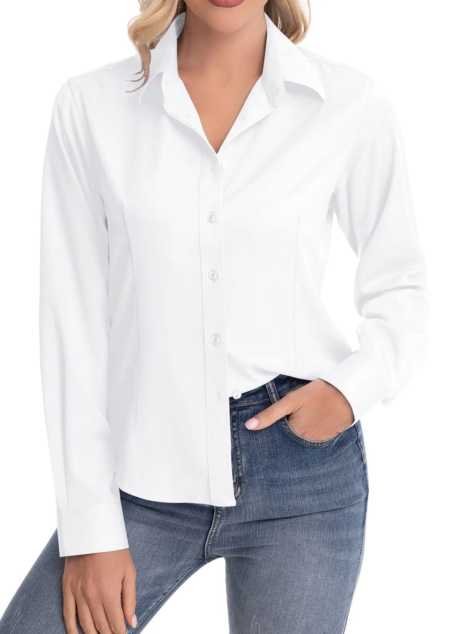 Classic-Fit Button Down Dress Shirt – Wrinkle-Free Stretch Office Blouse (White) - The Gildress