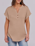 Basic Crop Tops – V Neck Henley Top with Buttons (Khaki) The Gildress