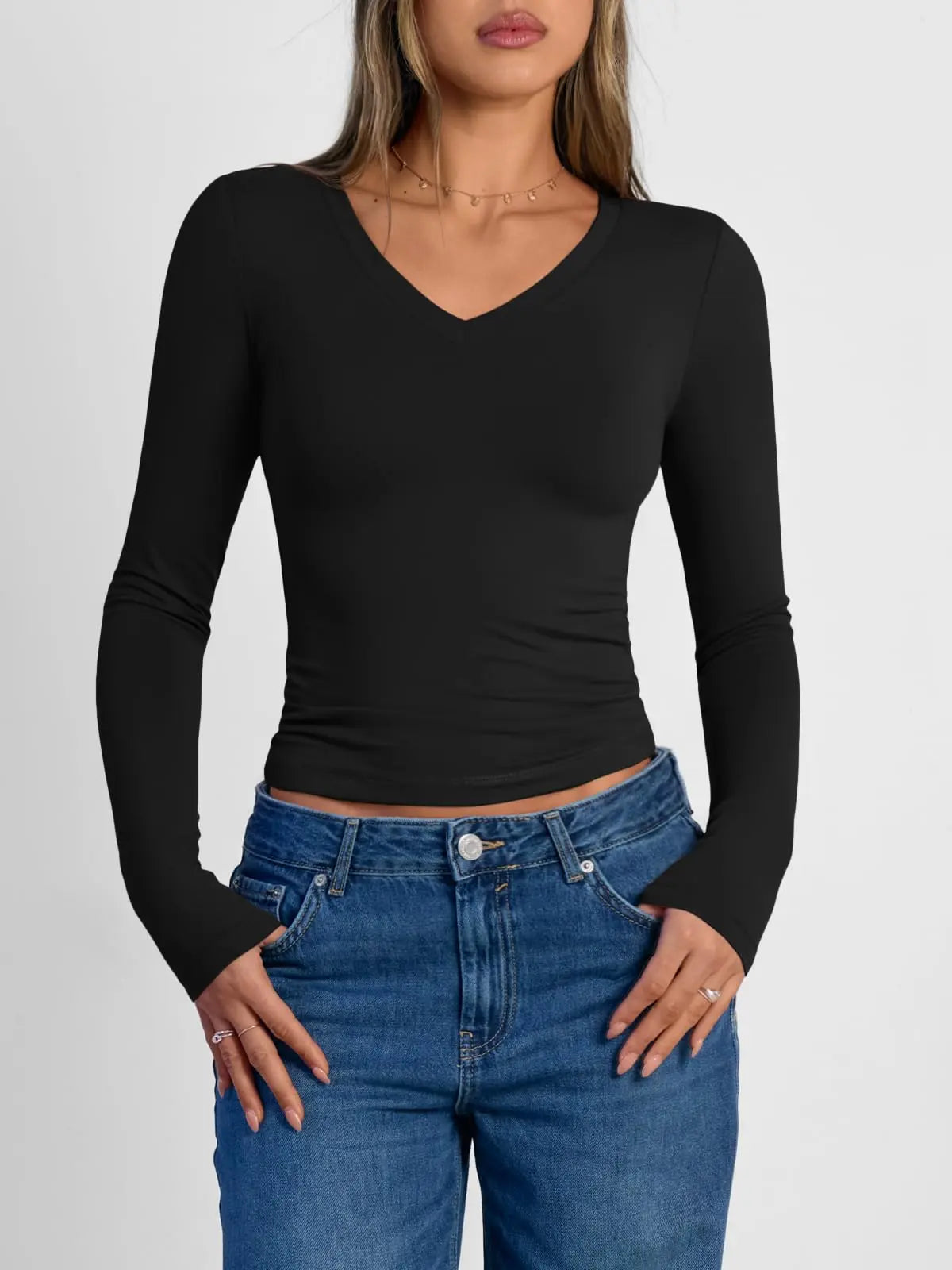 Slim Fit V-Neck Crop Top | Fashion & Workout Basic - V-Neck Long Sleeve Top for Women (Black) - The Gildress