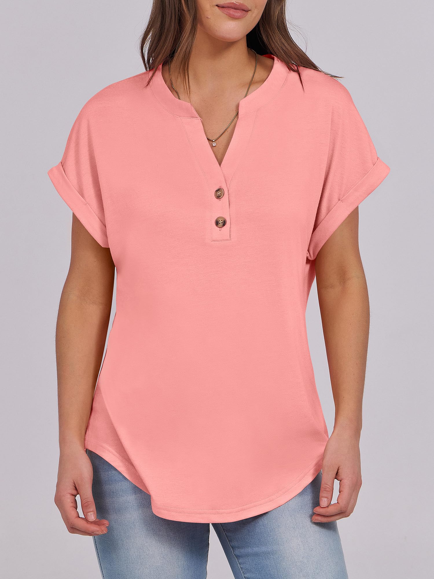 Basic Crop Tops – V Neck Henley Top with Buttons (Pink) The Gildress