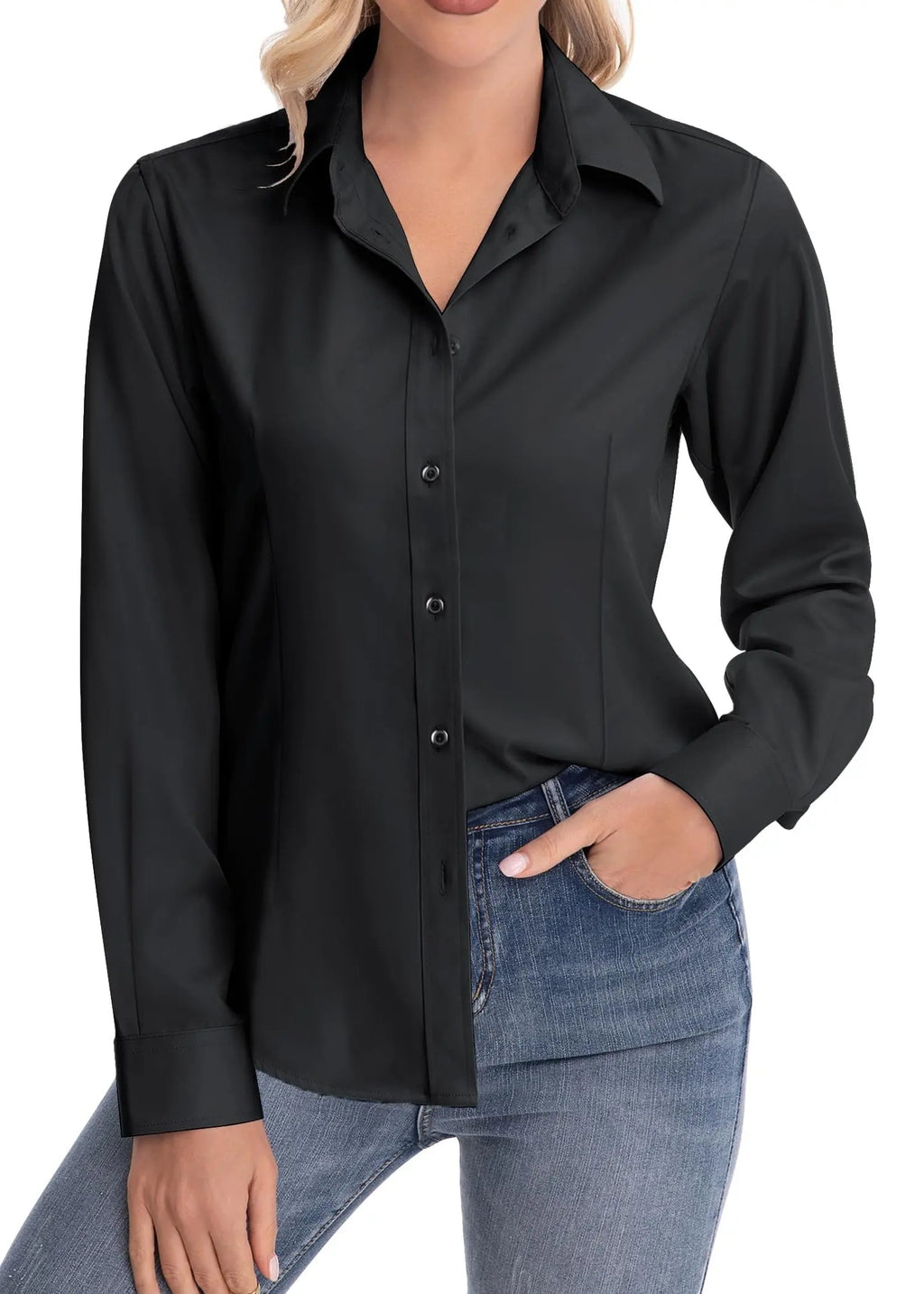 Classic-Fit Button Down Dress Shirt – Wrinkle-Free Stretch Office Blouse (Black) - The Gildress
