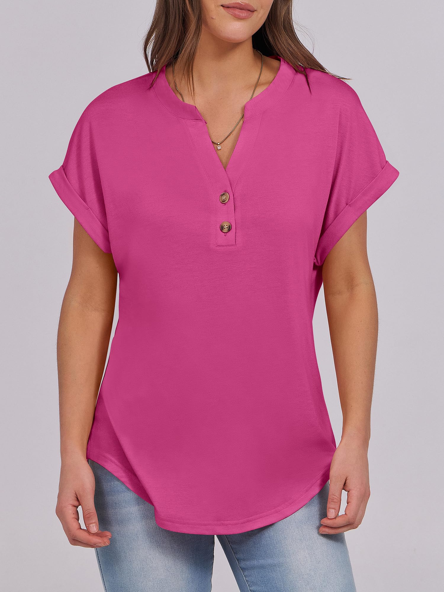 Basic Crop Tops – V Neck Henley Top with Buttons (Hot Pink) The Gildress