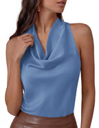 Halter Crop Top – Silk Satin Cowl Neck Blouse (Blue) The Gildress