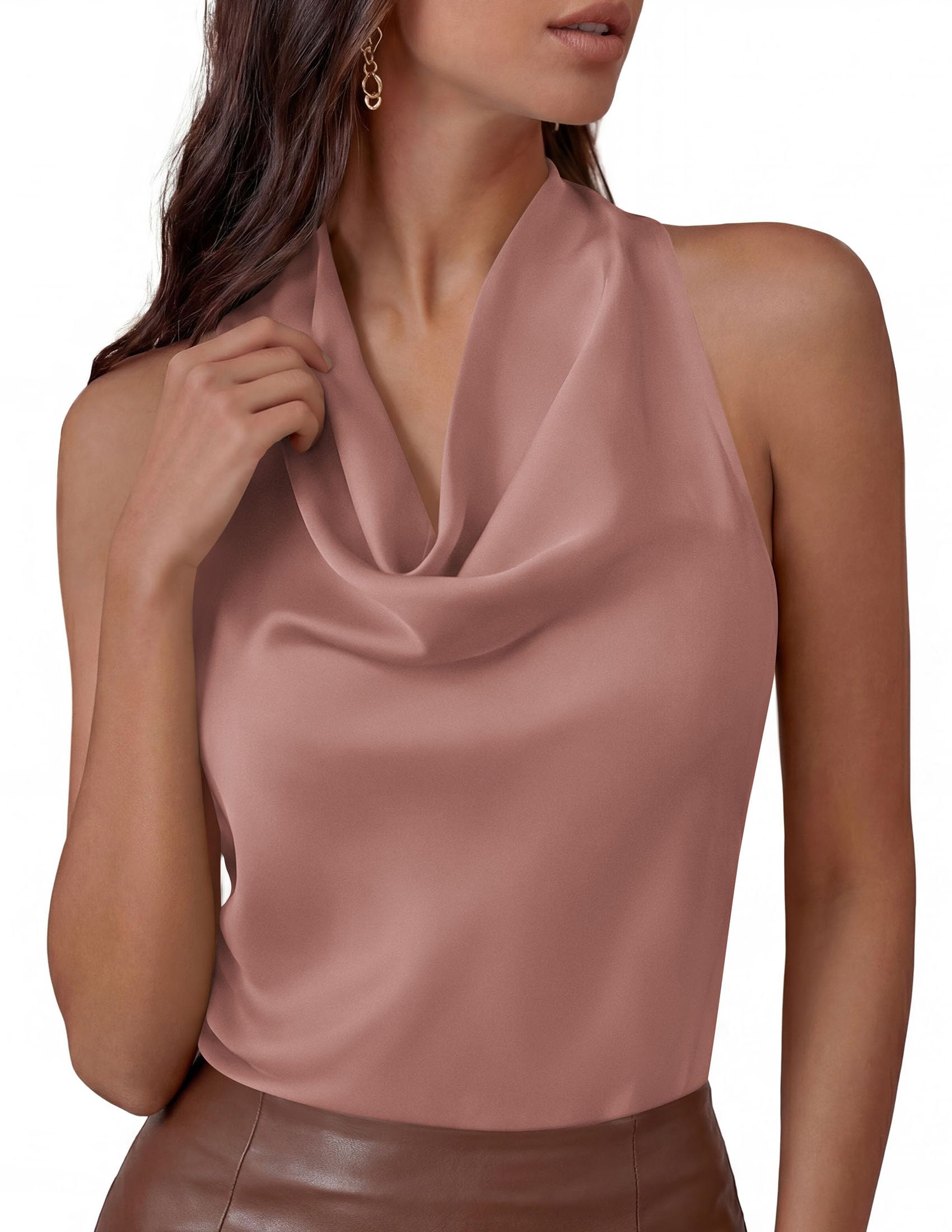 Halter Crop Top – Silk Satin Cowl Neck Blouse (Pink) The Gildress